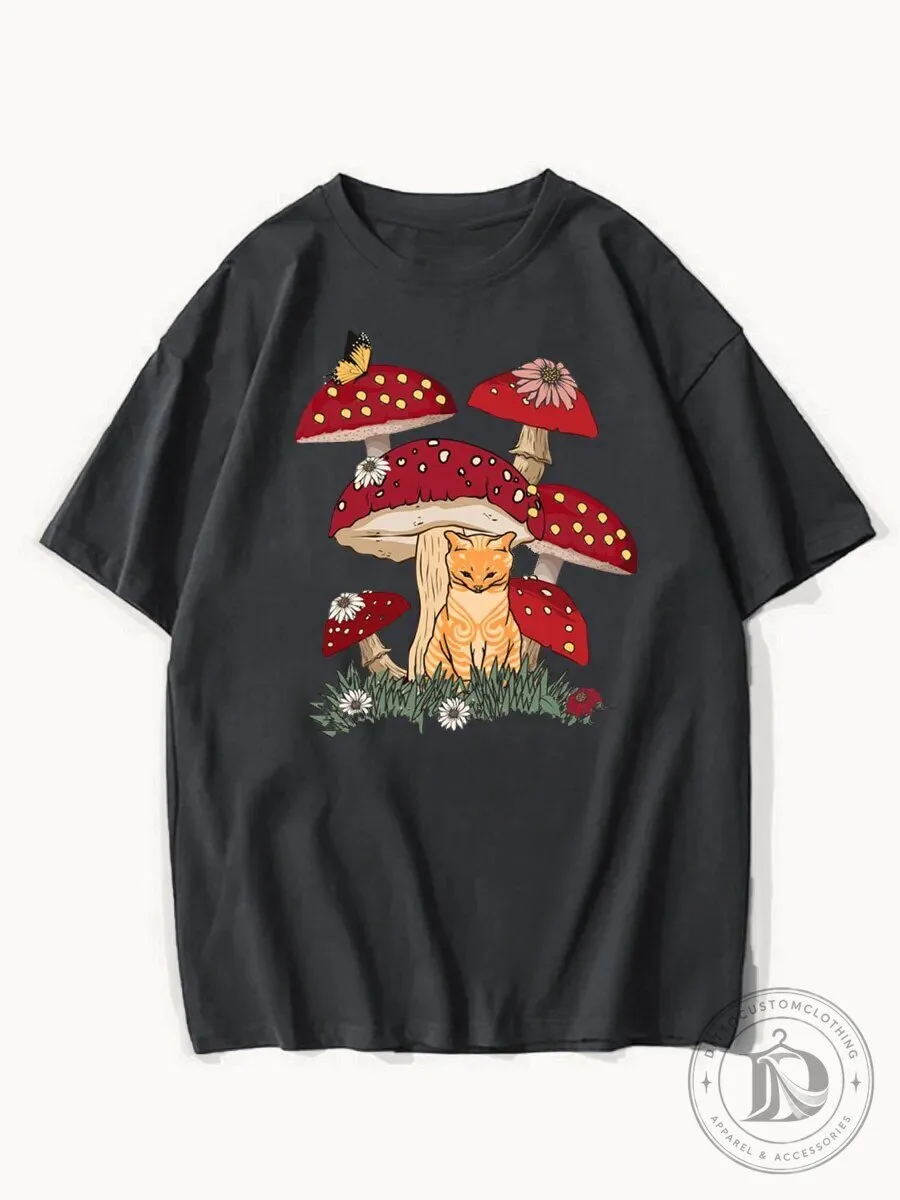 Cute Cat Sitting Under Mushroom Forest Graphic Black T-Shirt