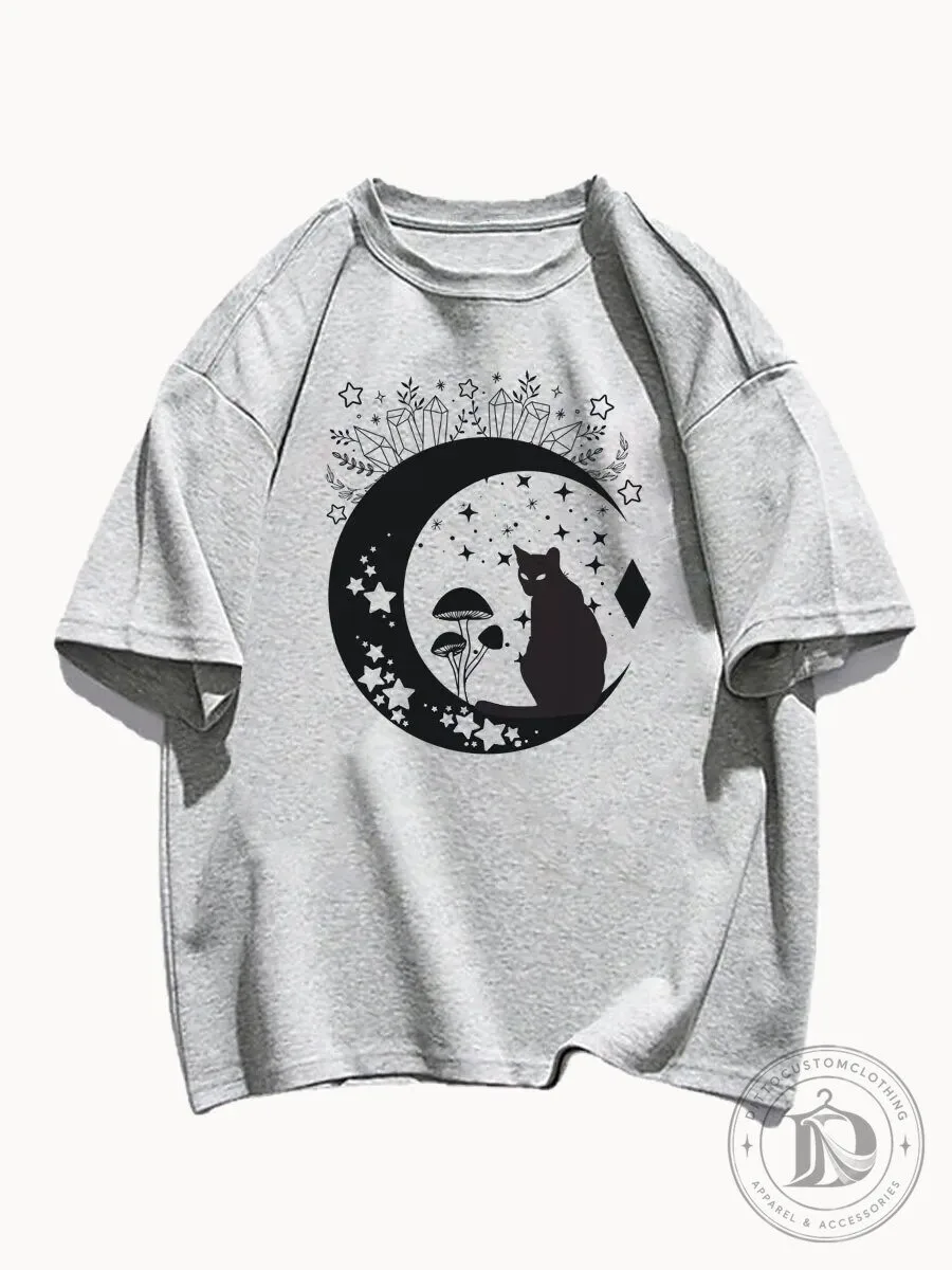Celestial Cat Mushroom Moon Stars Graphic Print T-Shirt