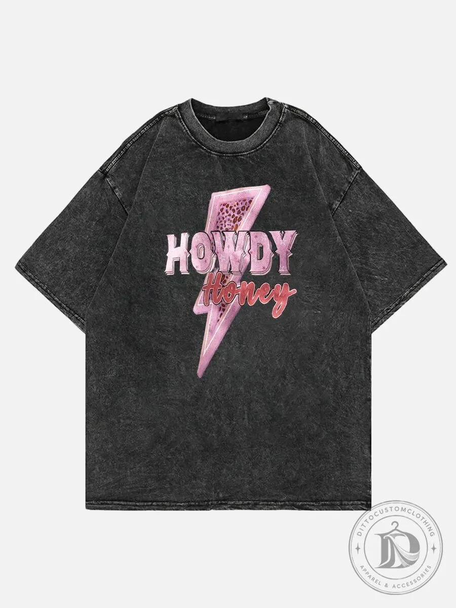 Howdy Honey Pink Lightning Bolt Washed Black T-Shirt