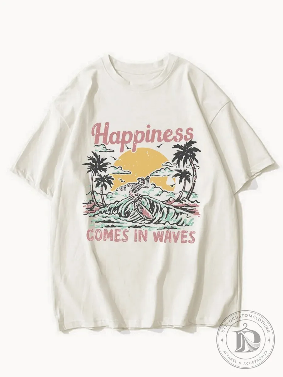 Happiness Comes In Waves Skeleton Surfer Beach Sunset Graphic T-Shirt