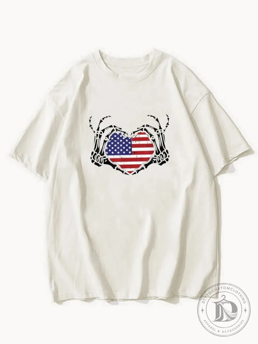 American Flag Heart Skeleton Hands Patriotic White T-Shirt