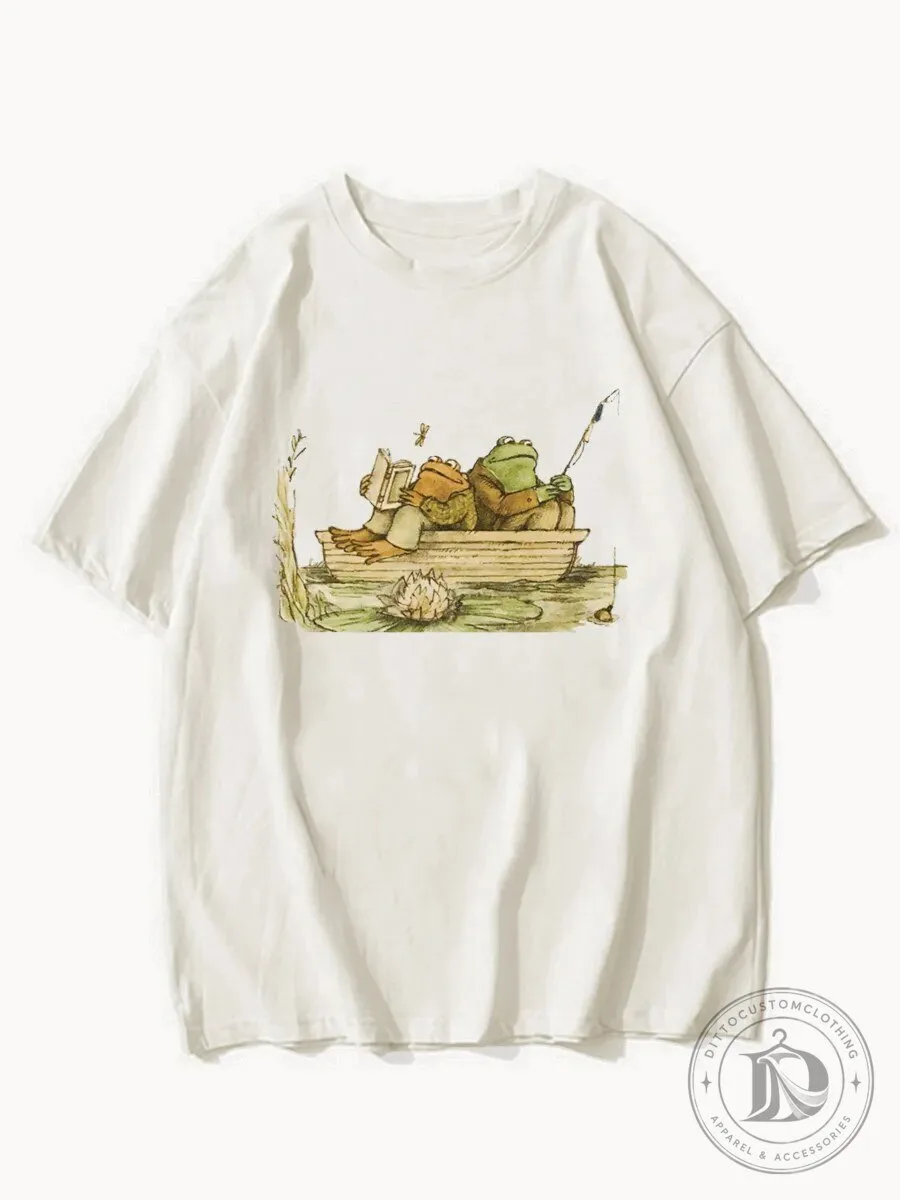 Frog And Toad Fishing Boat Vintage Illustration T-Shirt 2 Frog And Toad Fishing Boat Vintage Illustration T-Shirt