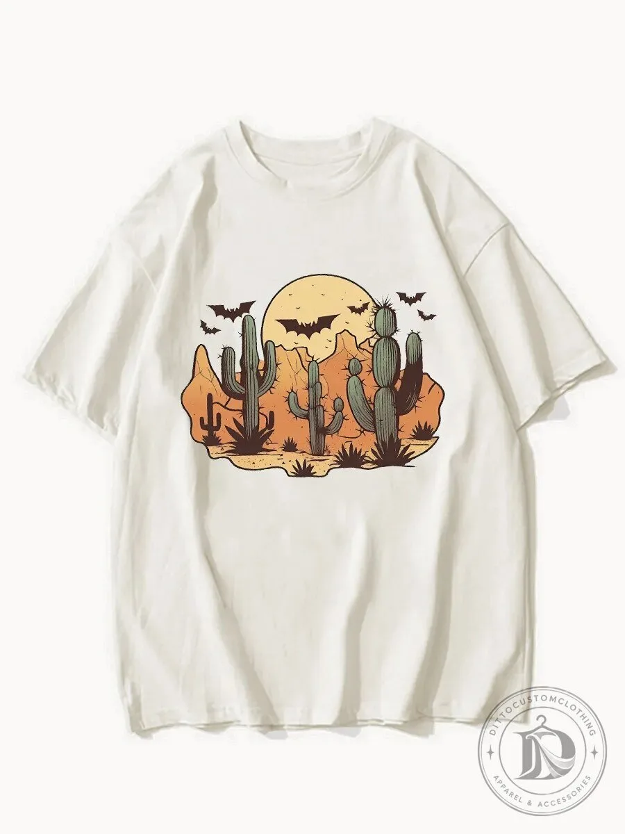 Halloween Desert Cactus Bats Moon Spooky Night T-Shirt