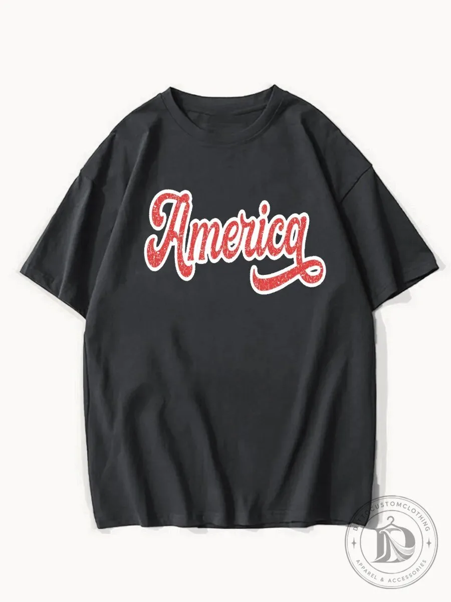 America Red Script Distressed Print Black Short Sleeve T-Shirt 5 America Red Script Distressed Print Black Short Sleeve T-Shirt