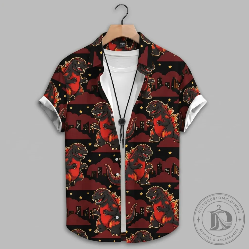 Godzilla Monster King Cityscape Patterned Short Sleeve Button Down Hawaiian Shirt Godzilla Monster King Cityscape Patterned Short Sleeve Button Down Hawaiian Shirt
