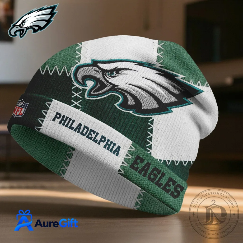 Philadelphia Eagles NFL Football Team Logo Patchwork Design Beanie Hat Philadelphia Eagles NFL Football Team Logo Patchwork Design Beanie Hat