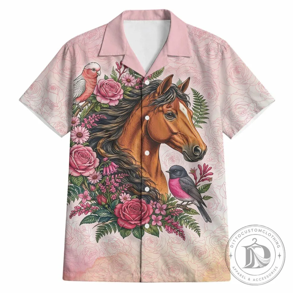 Pink Rose Wreath Horse Galah Cockatoo and Pink Robin Hawaiian Shirt