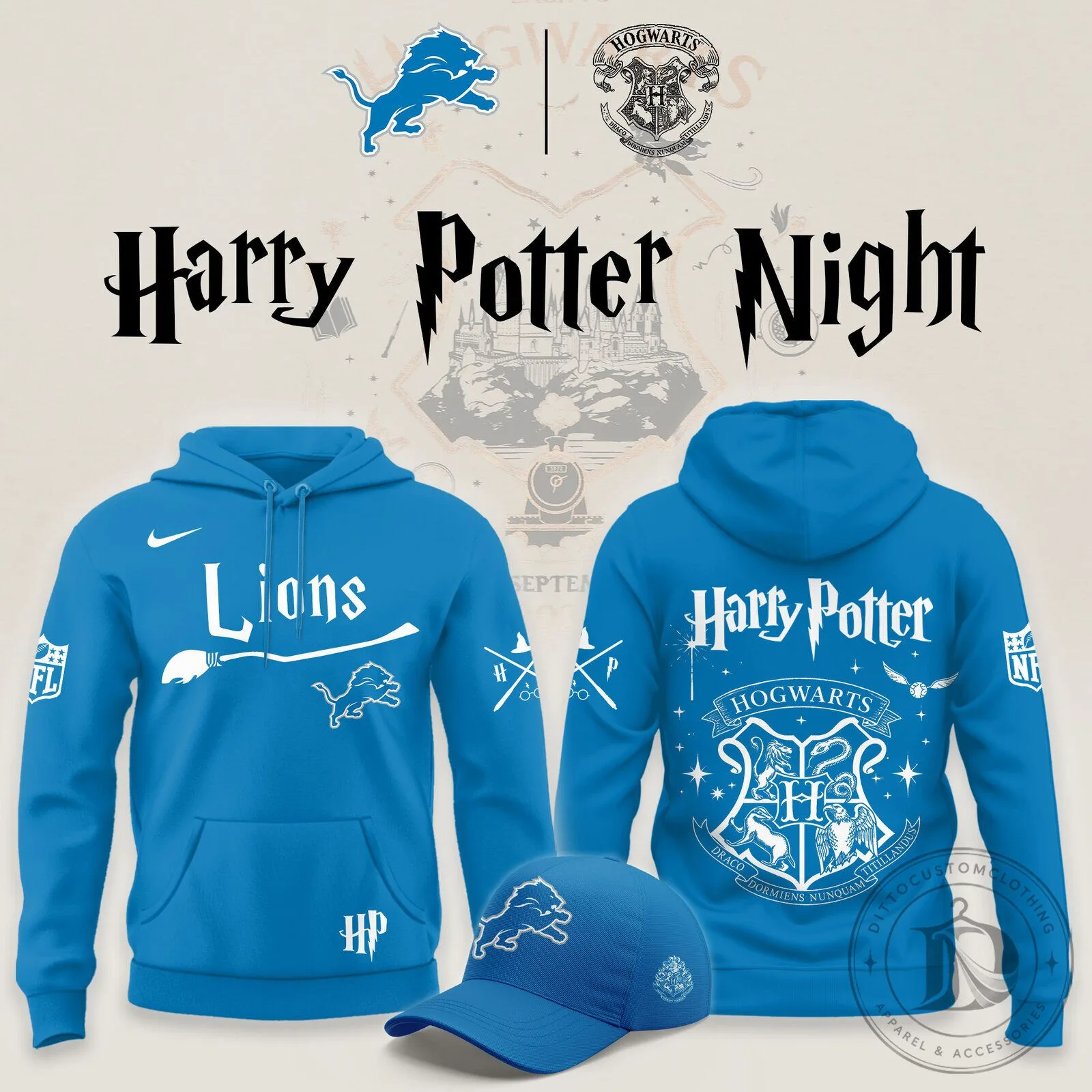 Hogwarts Crest Blue Hoodie for Detroit Lions Harry Potter Night